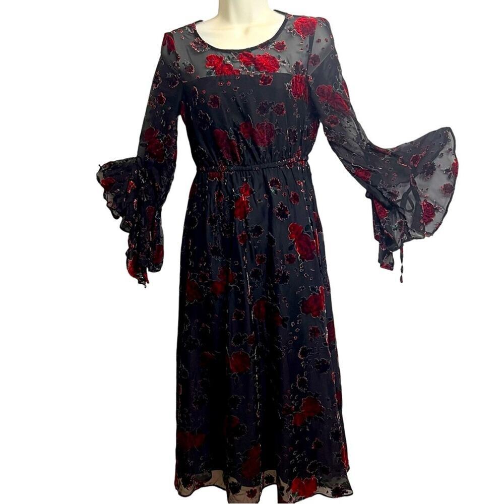 Black Mesh Red Velvet Floral Dress Size S Witchy Whimsigoth Dark Fairy Feminine